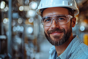 Portrait of a cheerful engineer wearing safety gear in a modern industrial sett, an Illustration by AS photostudio