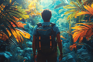 Backpacker explores vibrant tropical, a Photo by Pixeness Studio