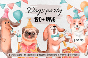 Birthday party. Watercolor dogs.