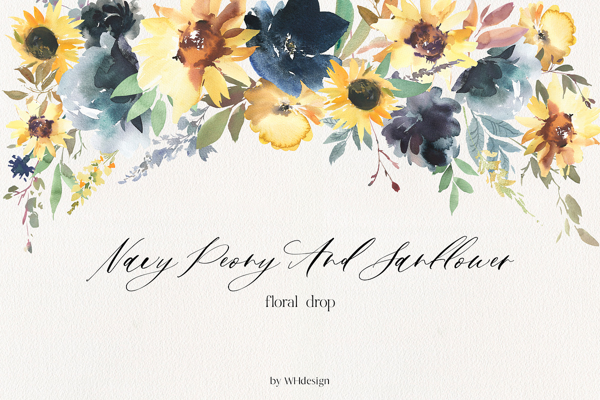 Navy Peony & Sunflower Florals PNG, a Decorative Illustration by whiteheartdesign (Photo 4 of 7)