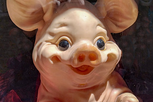Whimsical pig statue in window, an Animal Photo by DanFLCreativo