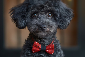A small, fluffy black dog with big, expressive eyes, wearing a festive red bow, an Animal Photo by ImageMir