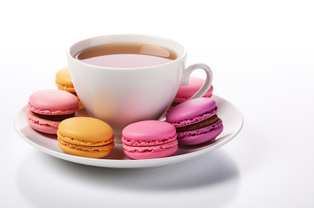 Colorful macarons with cup of tea on white background, a Food & Drink Photo by AlyaAnd