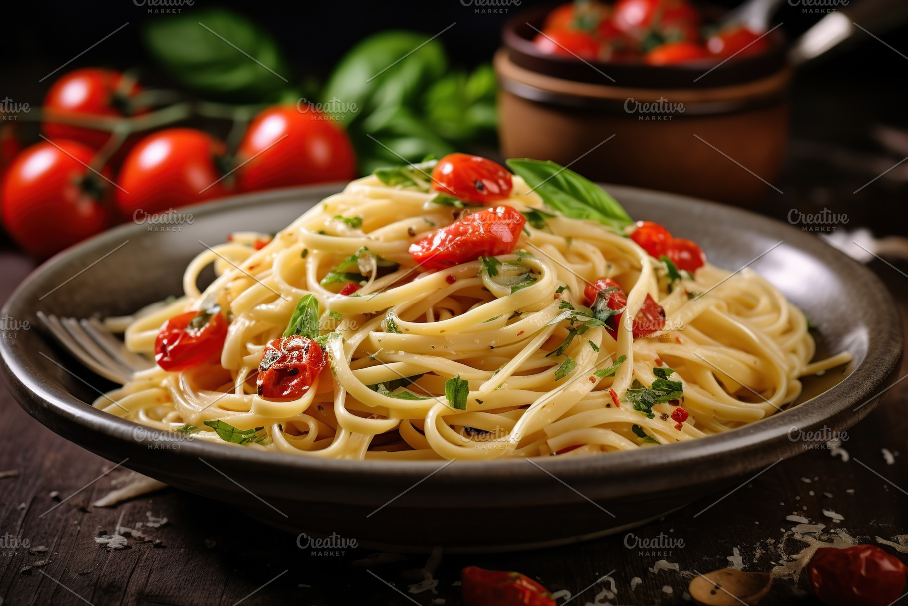 Tasty spaghetti with tomatoes and basil leafs in plate. Generative AI, a Food & Drink Photo by AlyaAnd