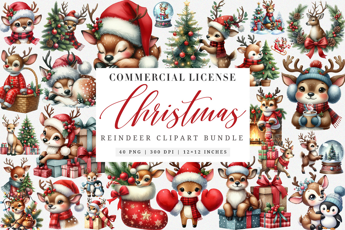 Watercolor Cute Reindeer Clipart Png, an Illustration by SinaCreation (Photo 1 of 7)