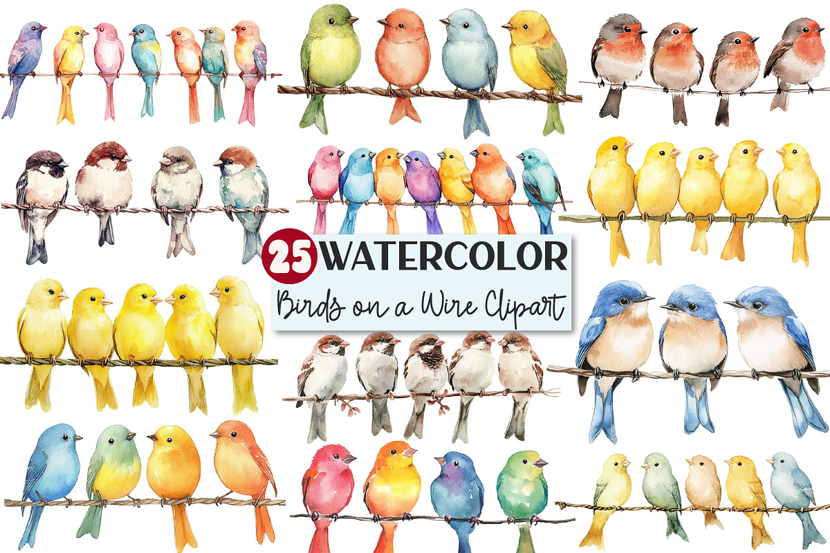 Watercolor Birds on a Wire Clipart, an Illustration by Rose Art (Photo 1 of 3)