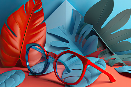 Sunglasses and tropical leaves in red and blue color, with a light teal and lig, a Background Photo by José Manuel Gelpi
