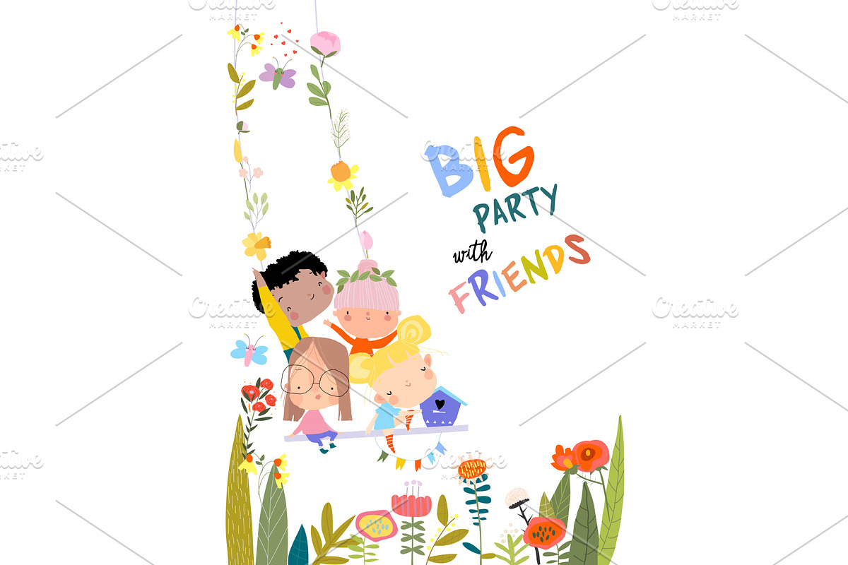 Happy Kids Flying on a Swing in, a Person Illustration by Maria Starus