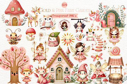 Gold and Pink Fairy Garden Clipart