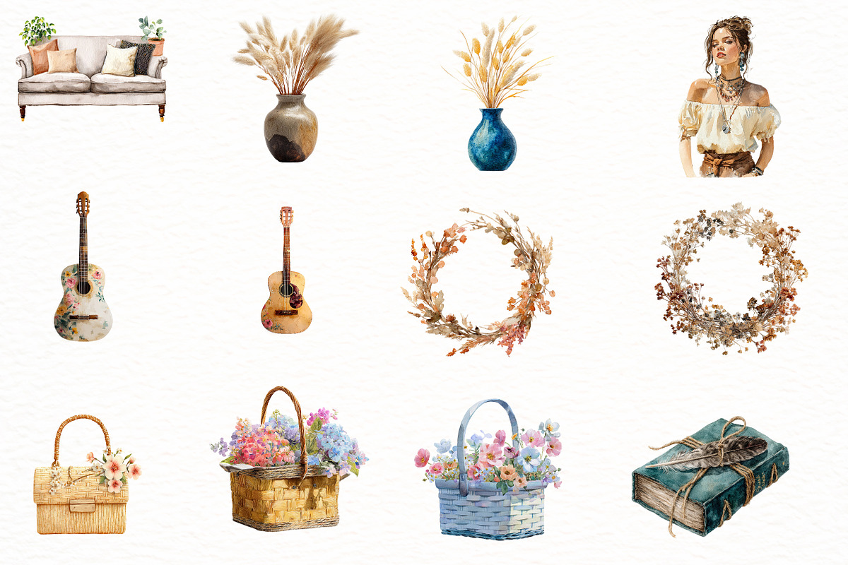 Watercolor Boho Summer Clipart, an Illustration by Designworld (Photo 2 of 5)