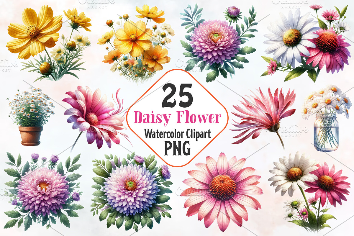 Daisy Flower Watercolor Cliparts, an Illustration by RobertsArt (Photo 1 of 7)