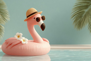 Pink Flamingo Pool Float with Sunglasses and Straw Hat in Tropic, a Nature Photo by José Manuel Gelpi