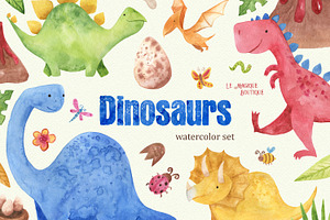 Watercolor Dinosaurs Clipart Set