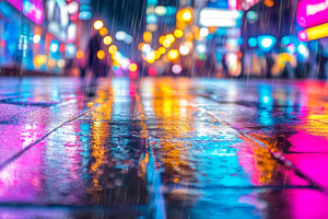 Vibrant Neon Lights Reflecting on a Rainy City Street, an Abstract Photo by Natalia Klenova's Shop