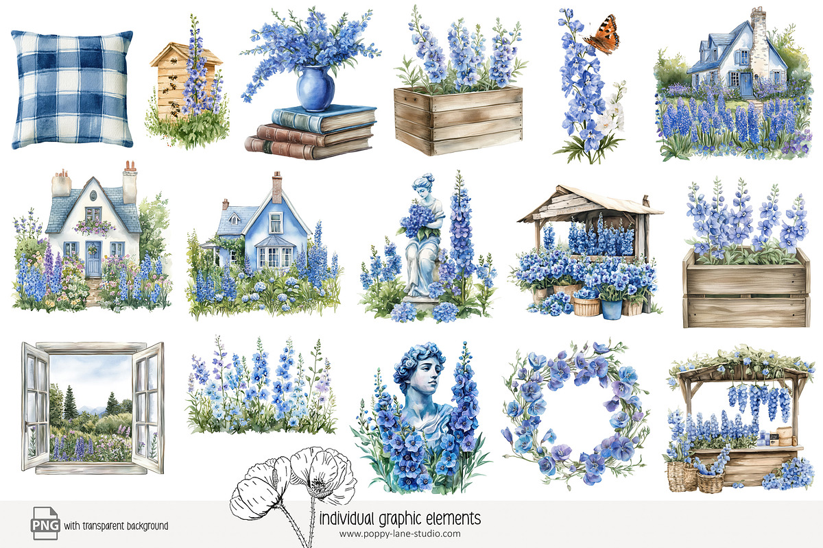 100 watercolour delphinium clip art, a Seasonal Illustration by Poppy Lane Studio (Photo 6 of 12)