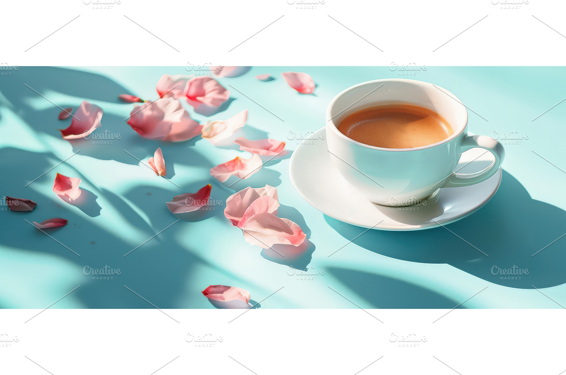 Cup of espresso with rose petals and, a Food & Drink Photo by piter.goskov