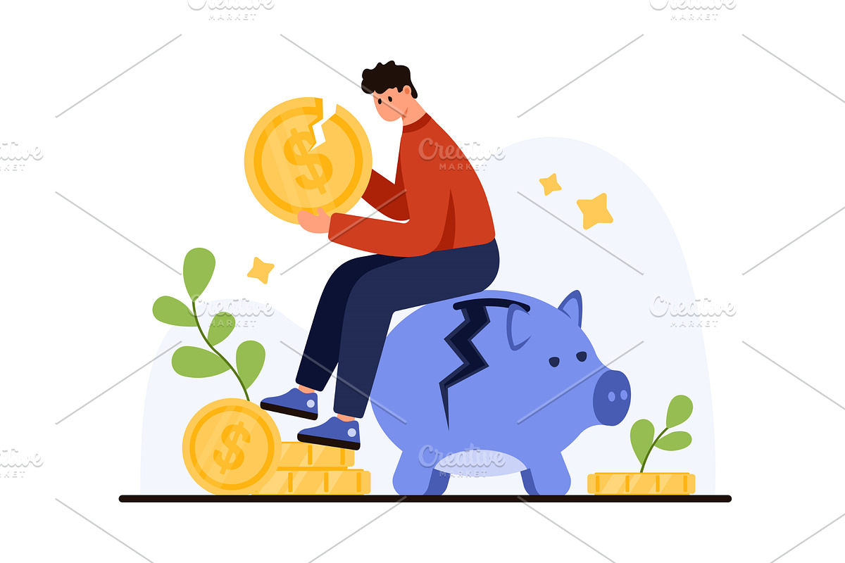 Man Sitting on Broken Piggy Bank, a Finance Illustration by Flashvector