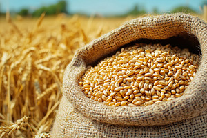 Vibrant wheat grains spilling from a burlap sack in a sunny field, a Photo by AlyaAnd