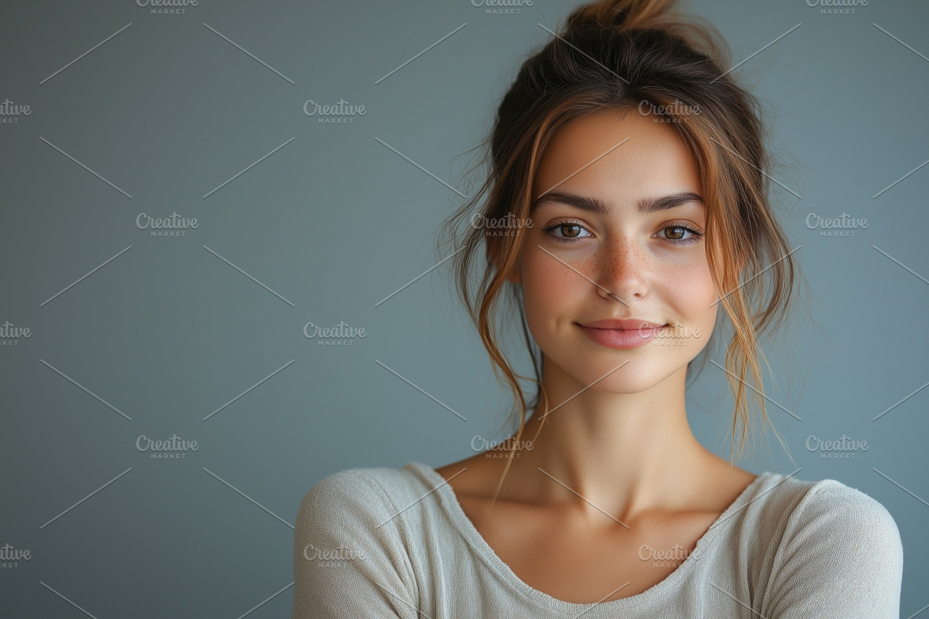 Young Caucasian woman with a warm smile, showcasing natural beauty against a so, a Person Photo by ImageMir