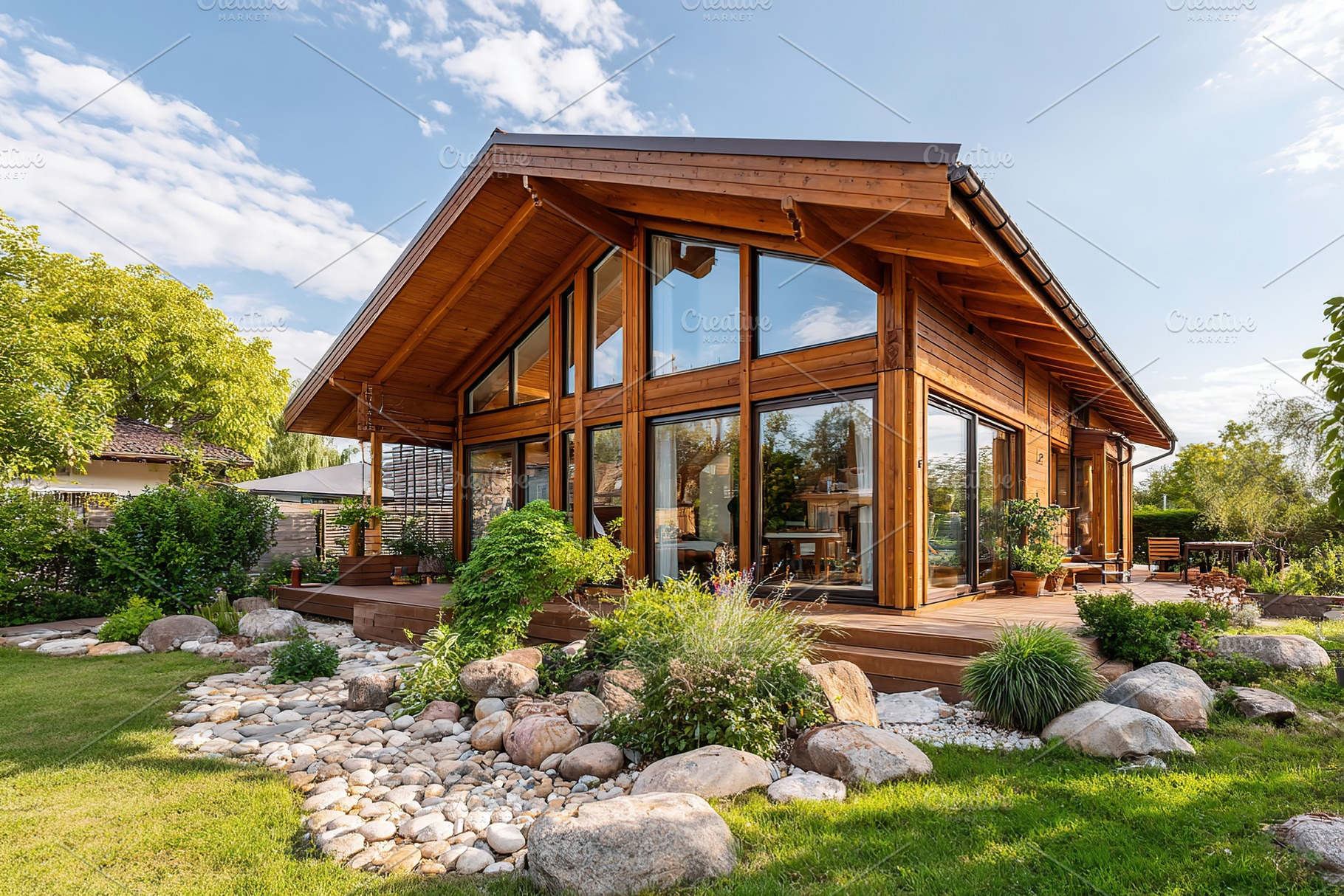 Modern swiss chalet with green grass on mountains background, a Photo by AlyaAnd