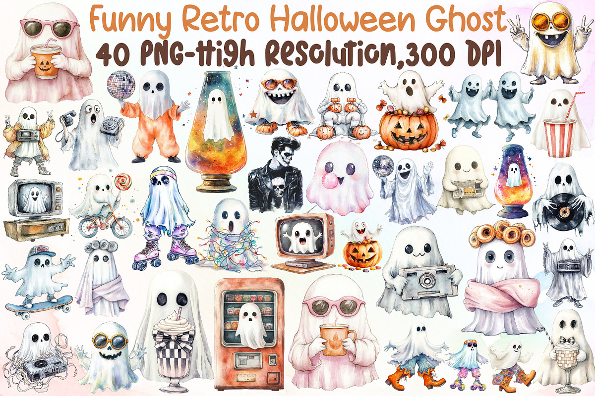 Funny Retro Halloween Ghost Clipart, an Illustration by Sublimation Artist (Photo 1 of 6)