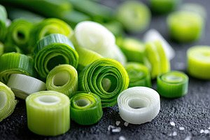 Sliced green onions artfully arranged on a dark surface with salt, showcasing v, a Food & Drink Photo by AlyaAnd