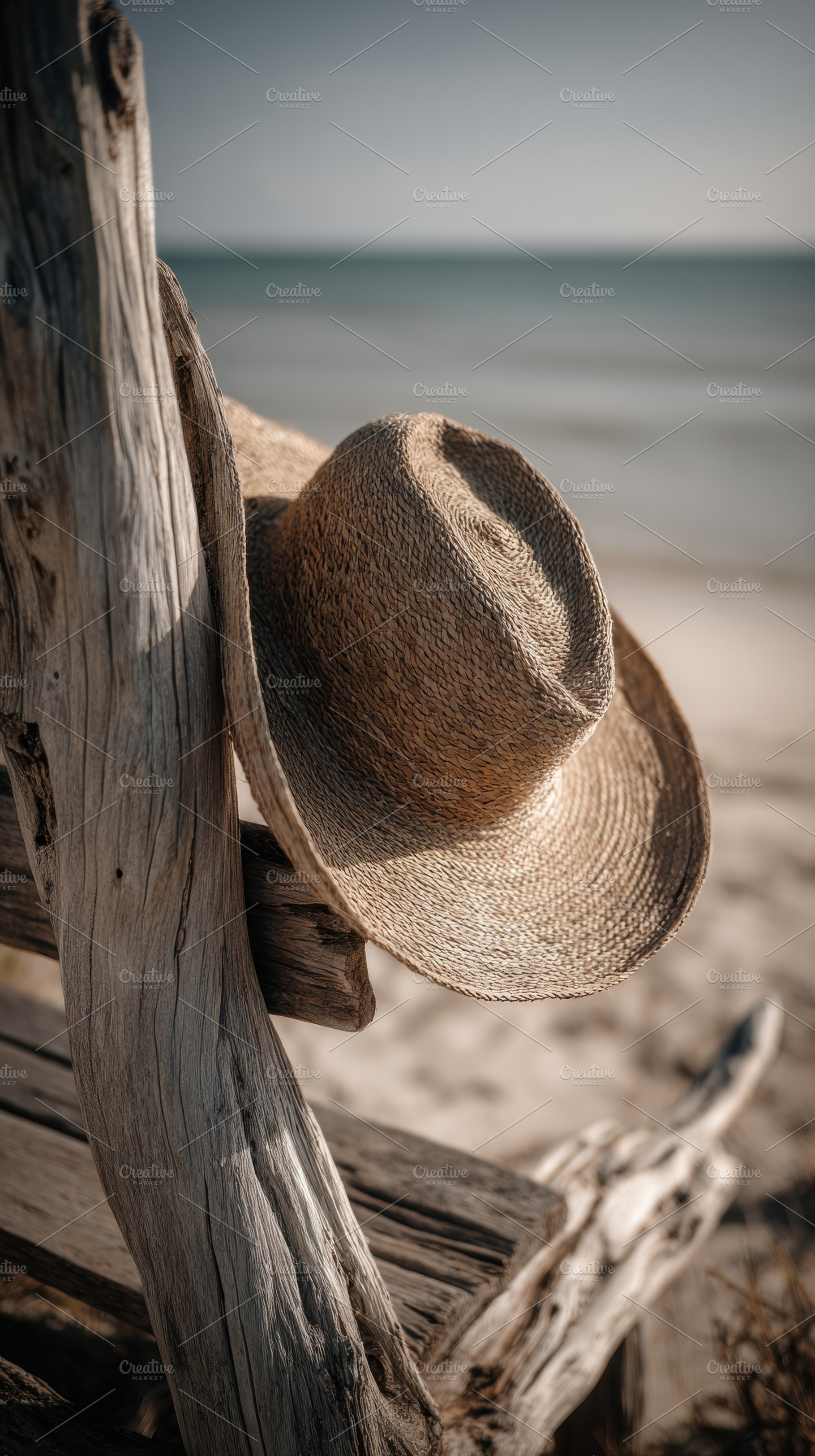 Sun Hat Hanging on Driftwood Chair, a Holiday Photo by Virgo Studio