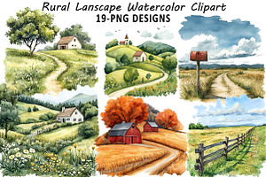 Rural Lanscape Watercolor Clipart, an Illustration by Daily.Designs