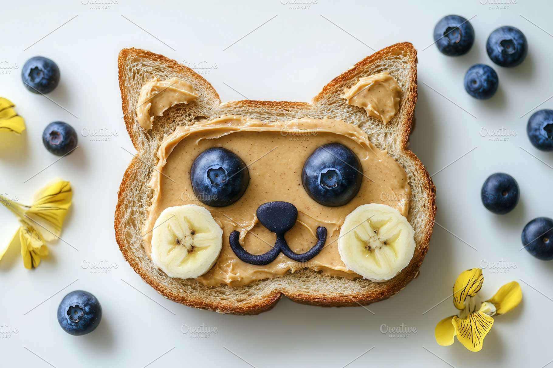Fun breakfast toast cat face shape, a Photo by Pavel_design