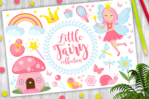 Little Fairy Set, Cartoon Style. Cute And Mystical Collection For Girls With Fairytale Forest Princess, Magic Wand, Mushroom House, Rainbow, Mirror, B