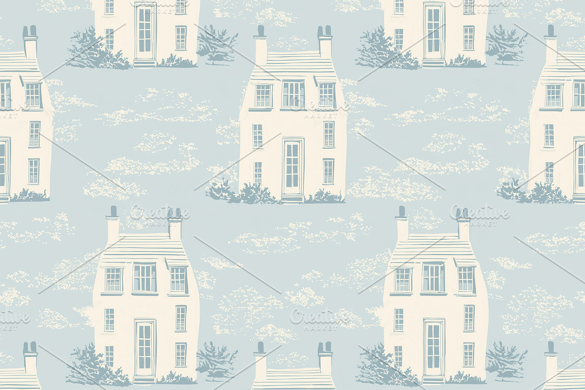 Seamless pattern blue and cream cottage house repeating pattern, a Pattern Graphic by Studio ANNA