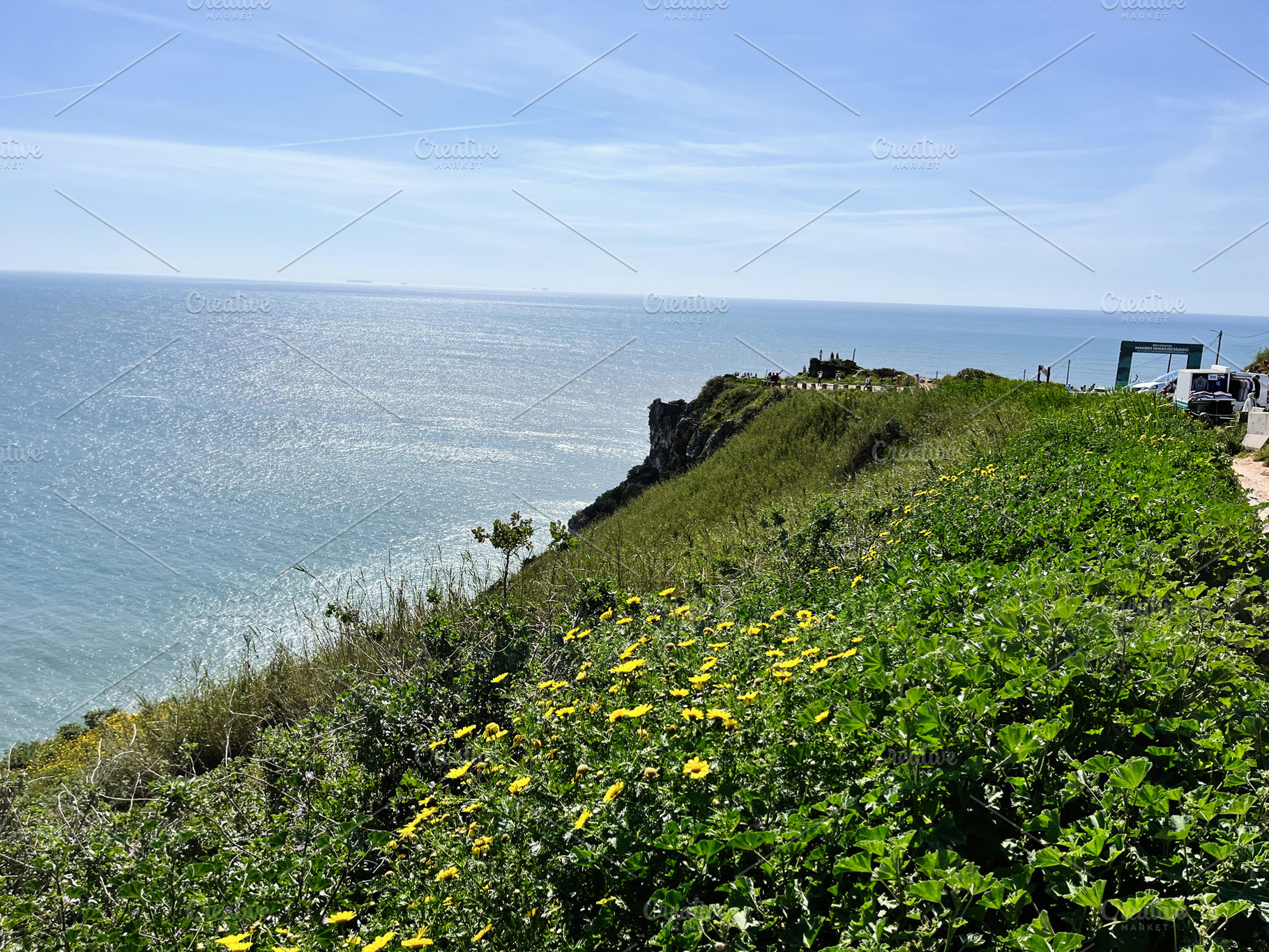Scenic coastal view of Nazare, Portugal with cliffs and vibrant vegetation, a Photo by AS photostudio