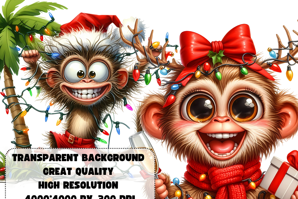 Funny Christmas monkeys clipart, an Animal Illustration by AnetArtStore (Photo 5 of 7)