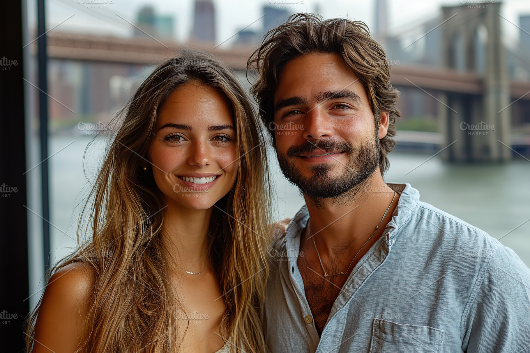 American couple enjoys a sunny day near steel bridges with a scenic view of the, a Person Photo by AlyaAnd