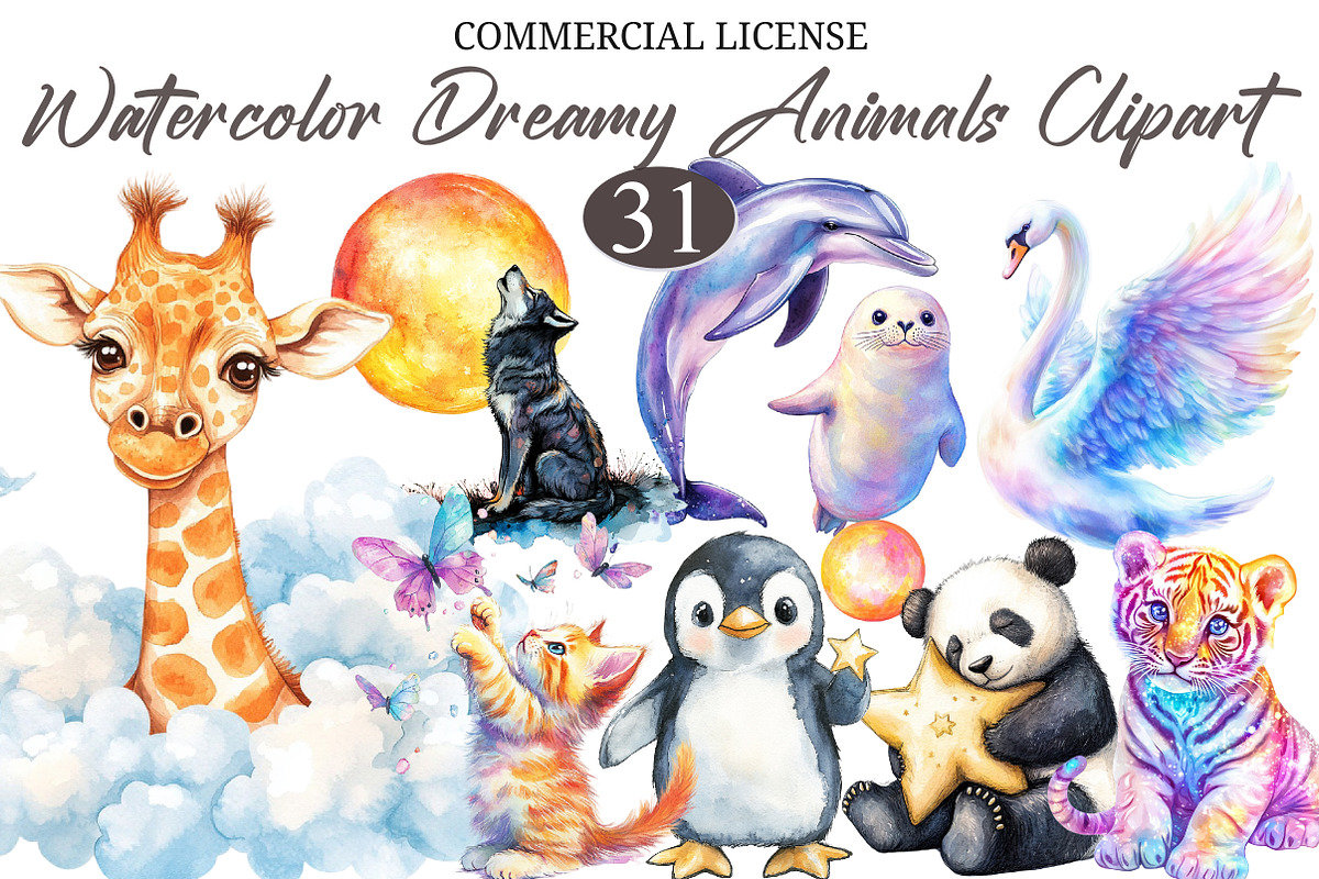 Watercolor Dreamy Animals Clipart, a Seasonal Illustration by designcity5 (Photo 1 of 5)