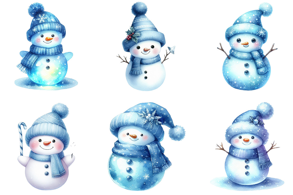 Watercolor Blue Cute Snowman Clipart, an Illustration by DreamCafeArt (Photo 6 of 6)