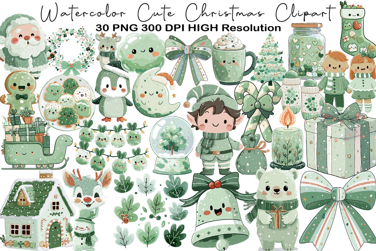 Watercolor Cute Christmas Clipart, an Illustration by Black Bird Studio (Photo 1 of 6)