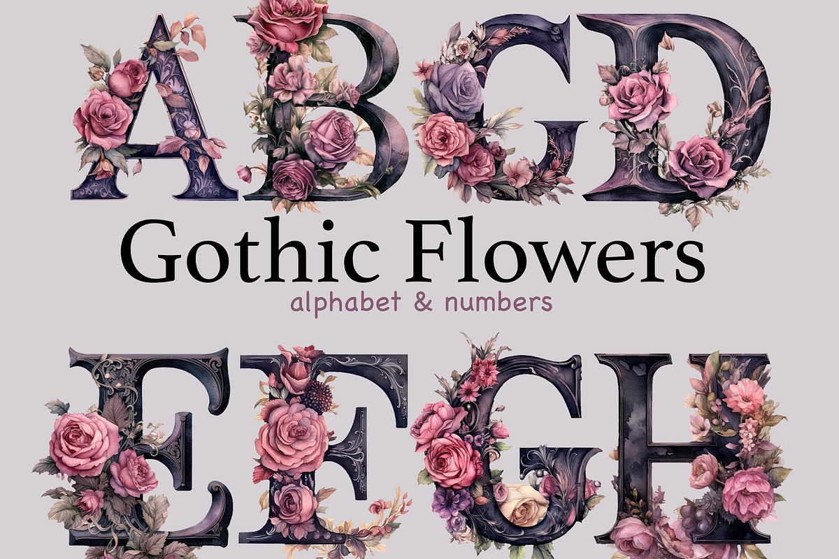 Gothic Flowers Watercolor Alphabet, a Decorative Illustration by GlamArtZhanna (Photo 1 of 7)