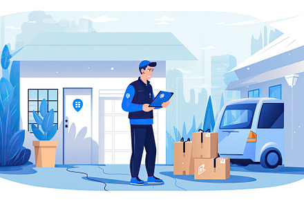 A delivery man vector with parcel bo, a Photo by SaroStock