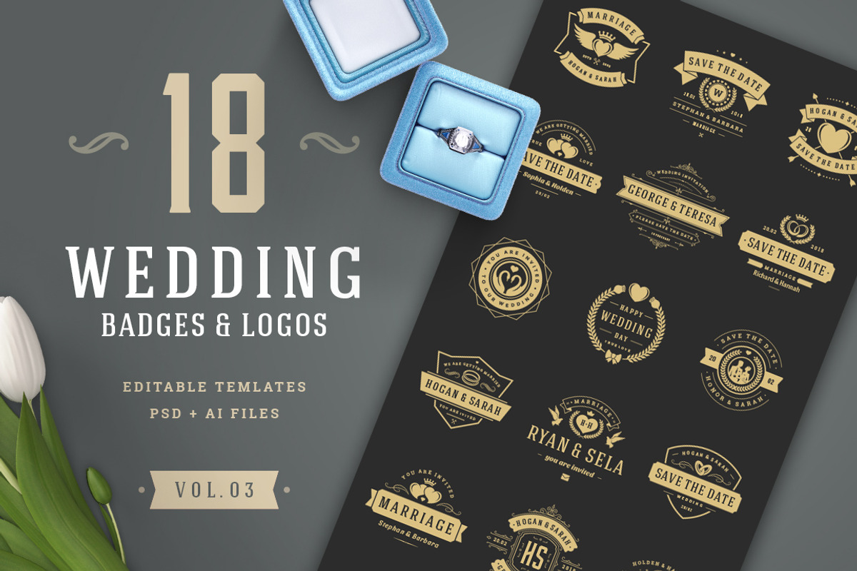 18 Wedding Logos and Badges, a Branding & Logo Template by Vasya Kobelev (Photo 1 of 15)