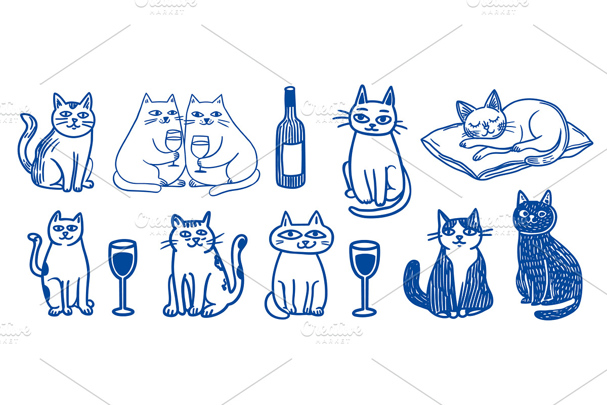 Cats doodle set. Cat linear, an Animal Illustration by Stock-Smart-Start