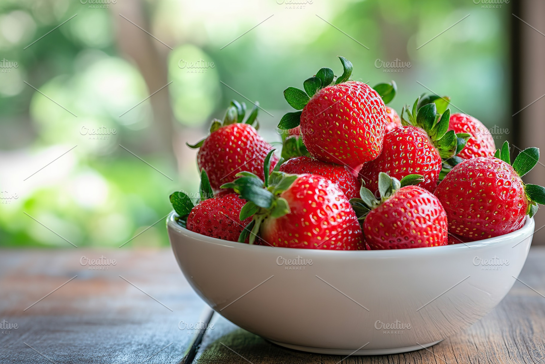 Fresh ripe red strawberries arranged in a white bowl on a rustic wooden table o, a Food & Drink Photo by AlyaAnd