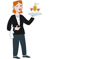 Young waitress holding tray of drink, an Illustration by javi.ruiz