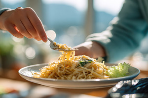 Person enjoying delicious pasta dish, a Photo by Pixeness Studio