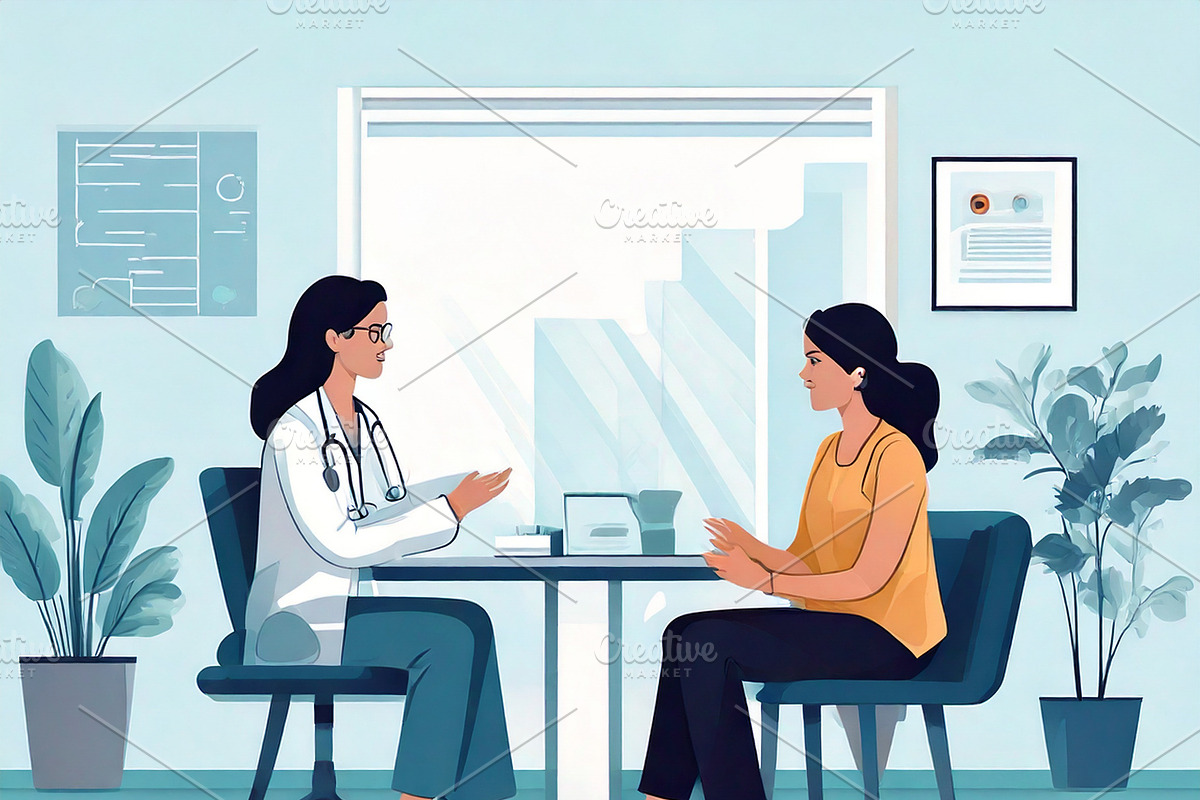 Doctor talking to a seated patient in a bright clinical office i, a Healthcare Illustration by DanFLCreativo
