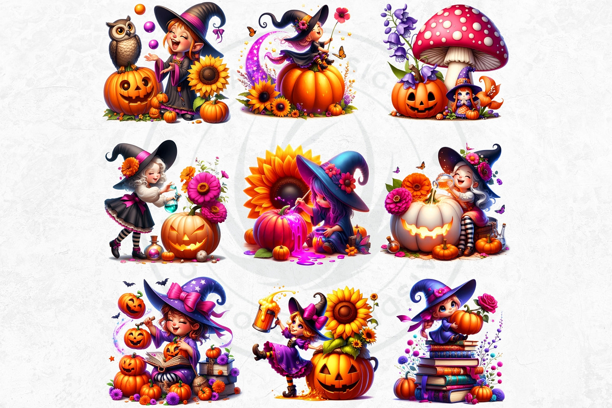 Playful Halloween witches cliparts, a Seasonal Illustration by ThatsDesignArt (Photo 4 of 10)