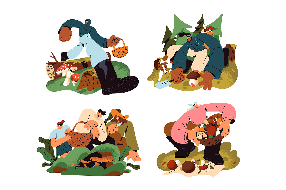 People collect mushrooms in forest, a Person Illustration by PaperTrident (Photo 1 of 5)