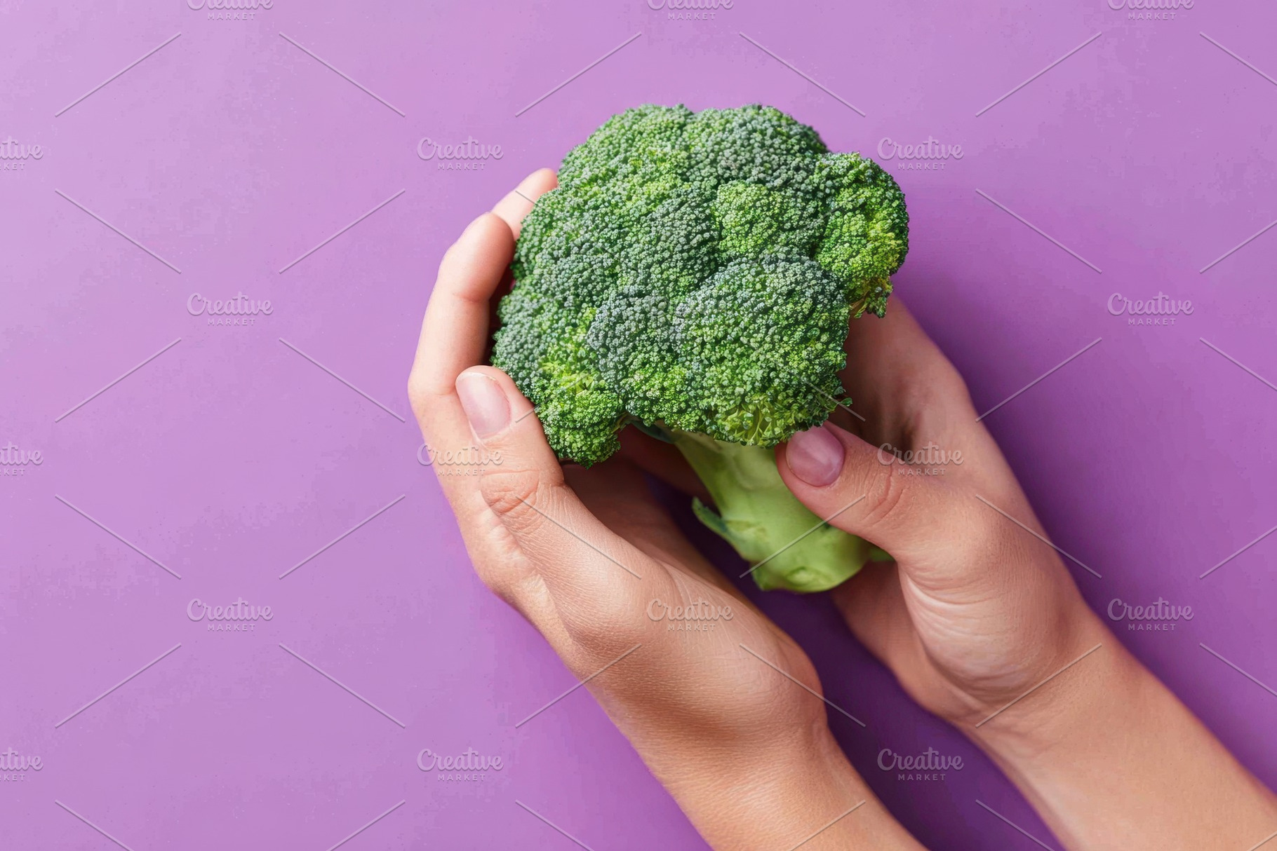 Hand holding fresh broccoli on purple background, a Food & Drink Photo by AlyaAnd