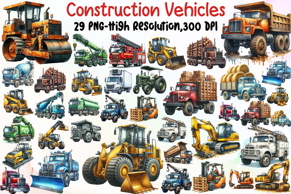 Watercolor Construction Vehicles Cli, an Illustration by Sublimation Artist (Photo 1 of 5)
