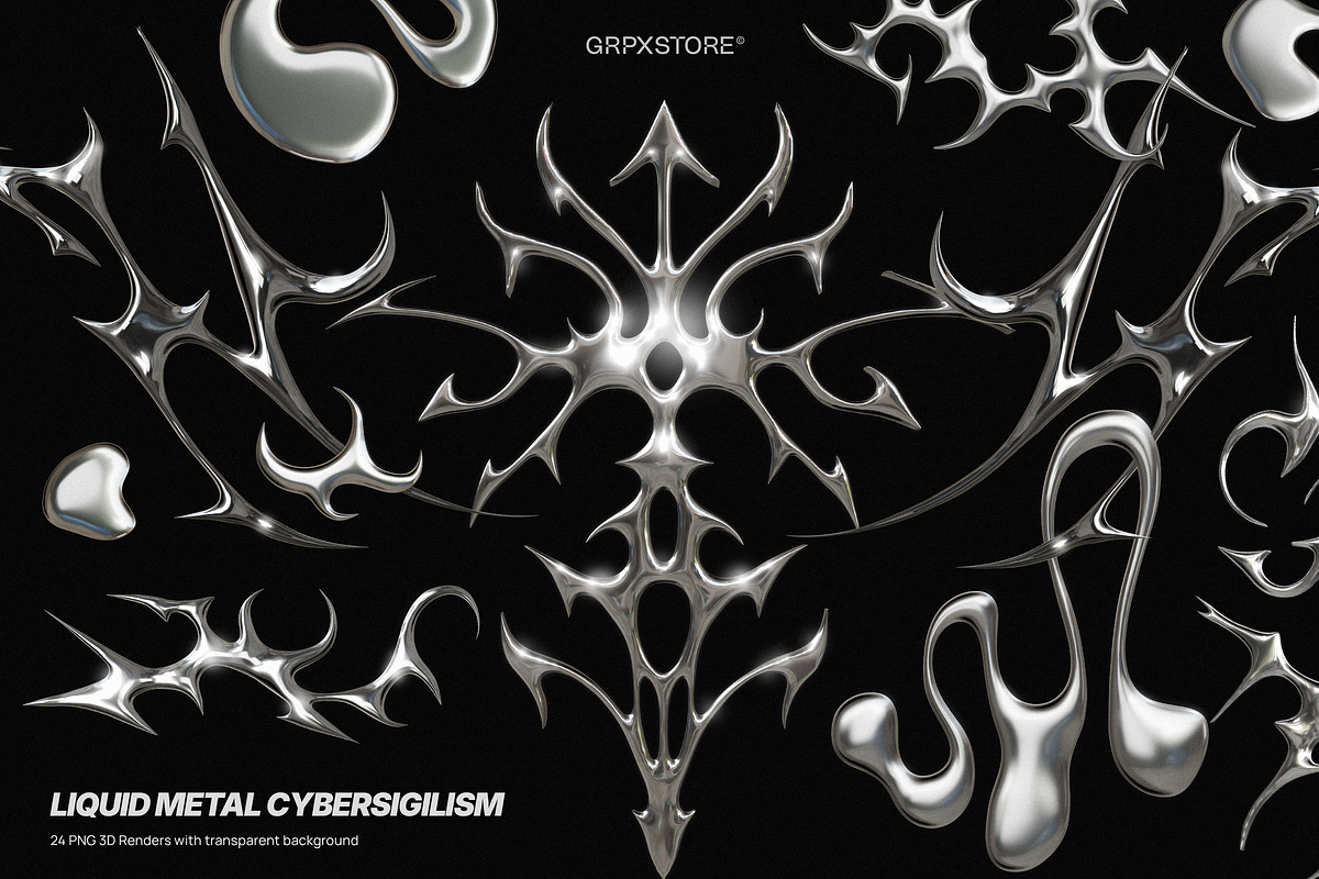 24 Cybersigilism Liquid Metal 3D PNG, an Object Graphic by GRPXSTORE (Photo 1 of 10)